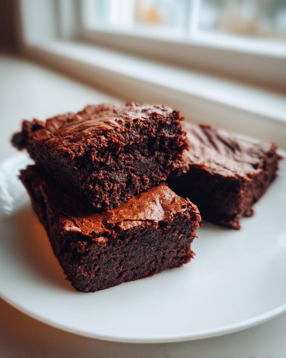 Three rich, fudgy date brownies stacked on a white plate near a bright window.