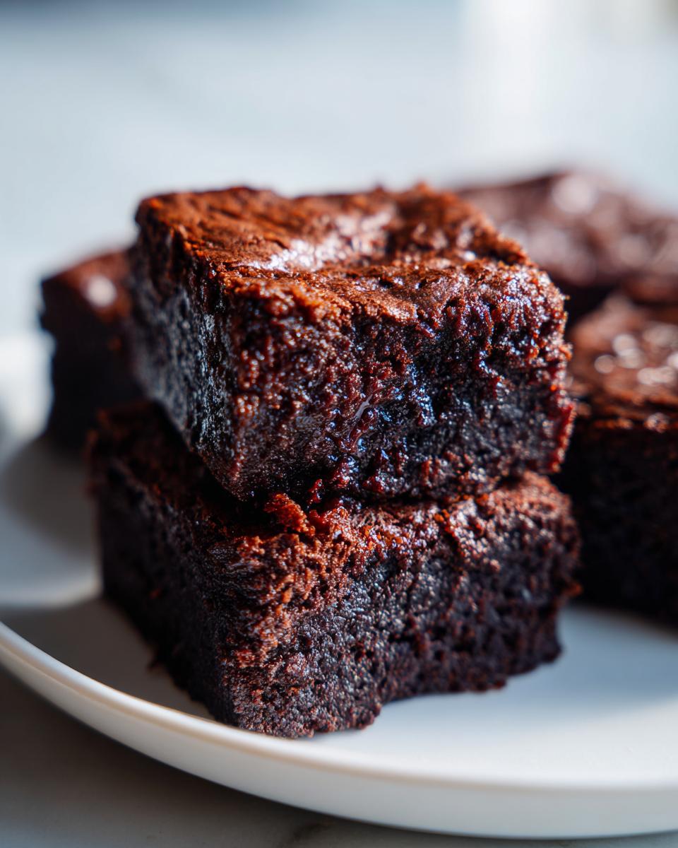 Close-up of two fudgy date brownies stacked on a white plate, showing a rich, dark chocolate texture.