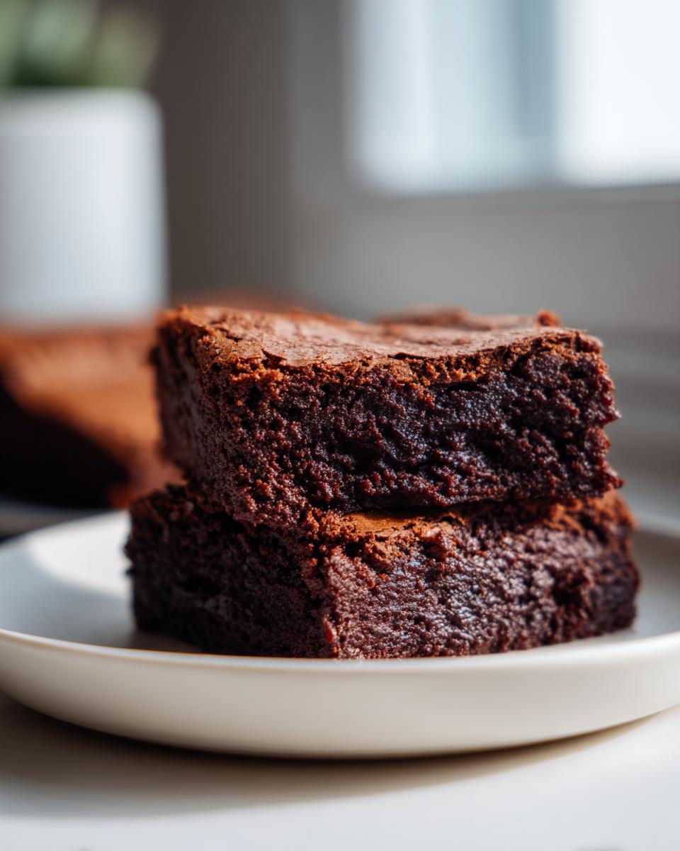 Two fudgy, rich chocolate date brownies stacked on a white plate, showing a dense texture.