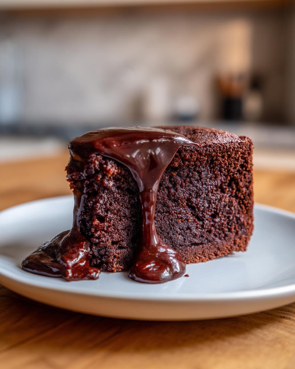 A rich slice of fudgy flourless chocolate cake topped with glossy chocolate sauce dripping down the side.