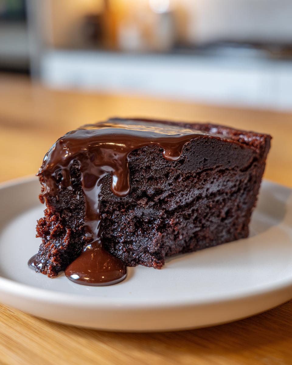 A rich, fudgy slice of flourless chocolate cake topped with dripping chocolate ganache on a white plate.