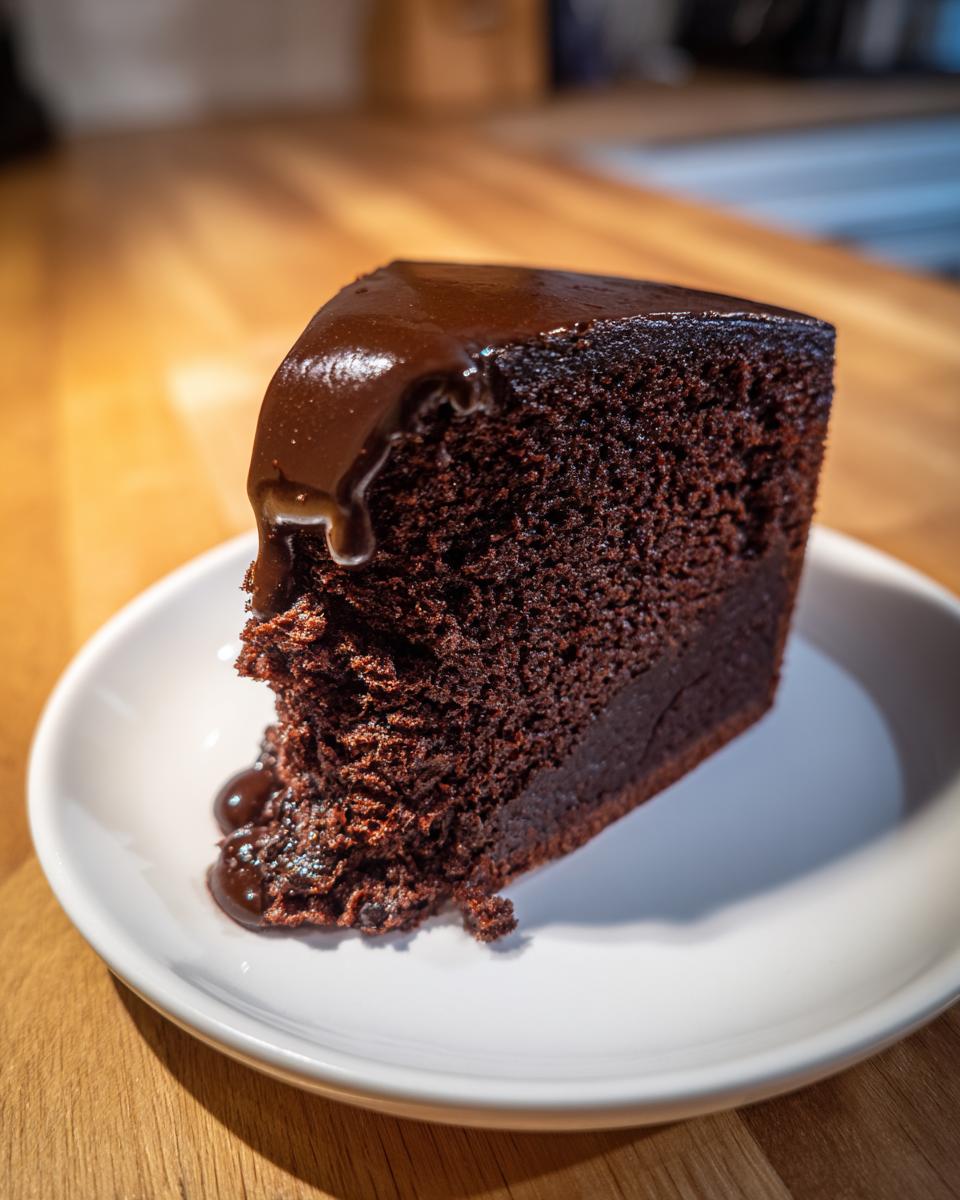 A decadent slice of fudgy flourless chocolate cake topped with dripping chocolate ganache on a white plate.