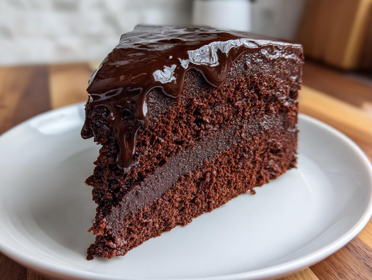 A rich, dark slice of fudgy flourless chocolate cake topped with glossy chocolate ganache dripping down the sides.