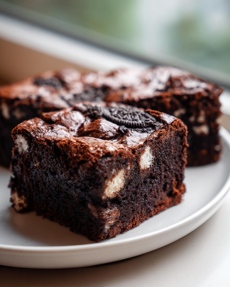 Close-up of a fudgy square of Oreo brownies, showing chunks of white filling and a whole Oreo piece on top.