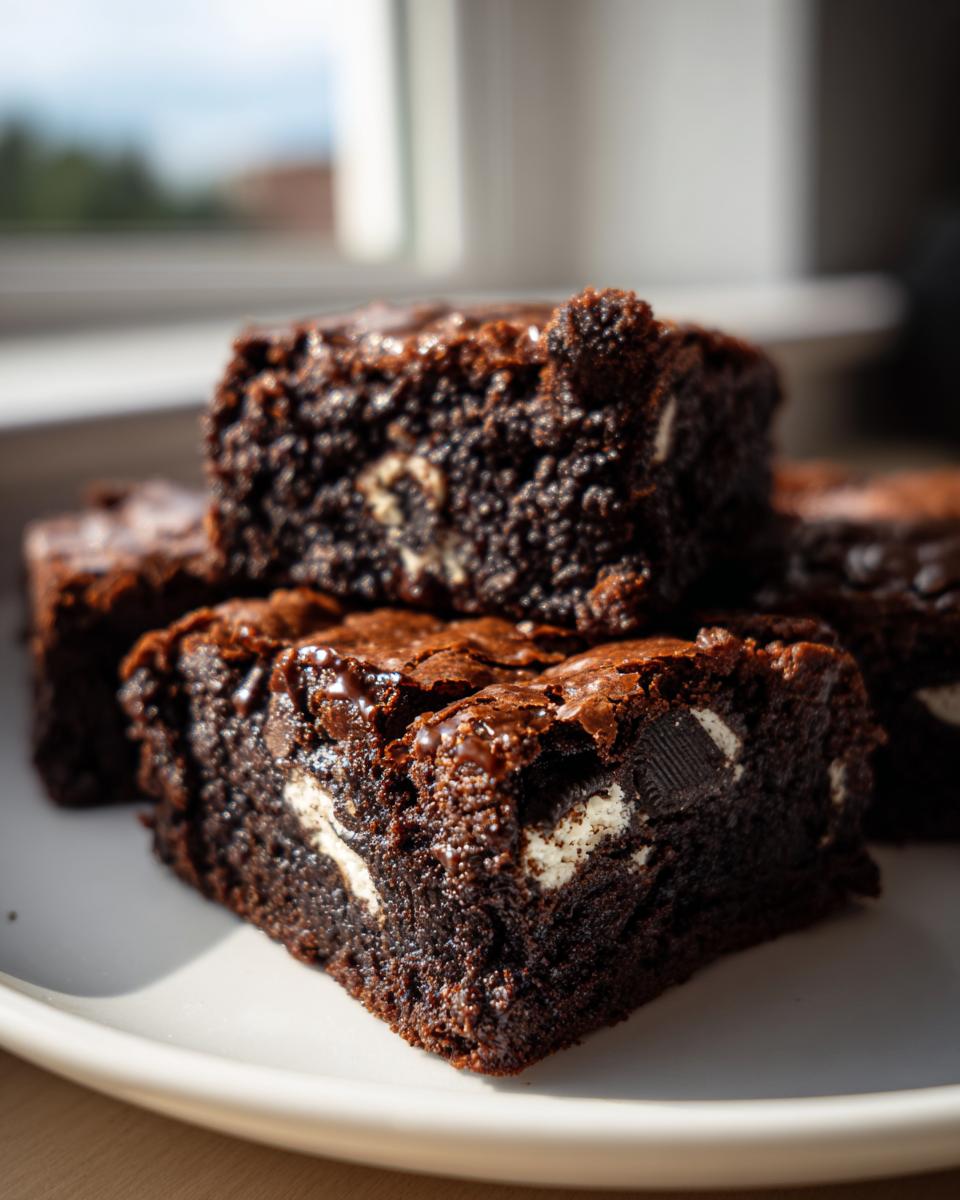 Close-up of fudgy Oreo brownies stacked on a white plate, showing chunks of Oreo cookies inside.