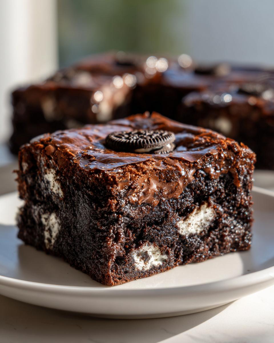 Close-up of a fudgy Oreo brownies slice showing chunks of white cream filling and topped with a mini Oreo cookie.