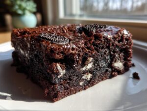 Close-up of a fudgy, dark chocolate Oreo brownies slice with visible cookie pieces inside and on top.