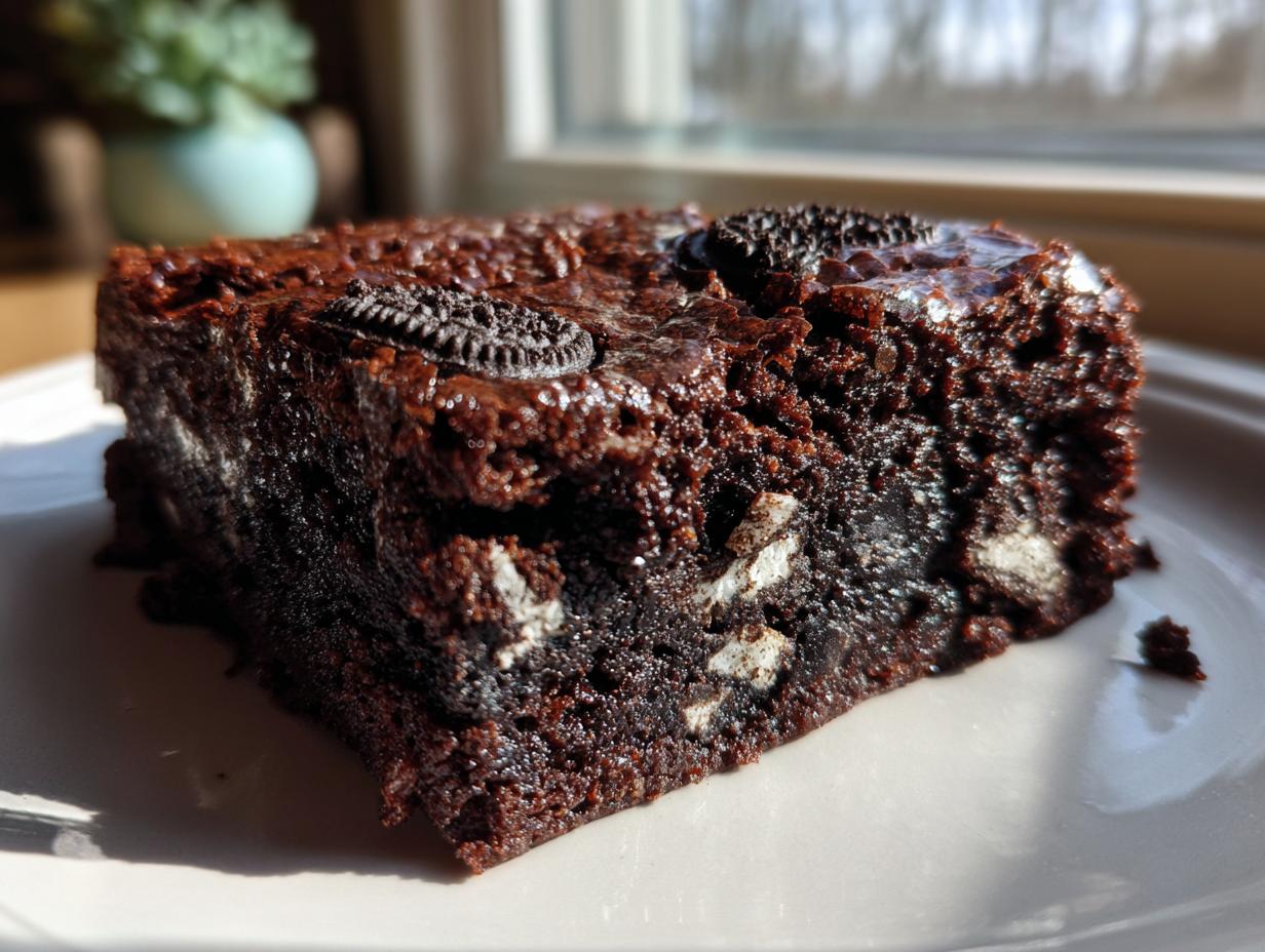 Close-up of a fudgy, dark chocolate Oreo brownies slice with visible cookie pieces inside and on top.