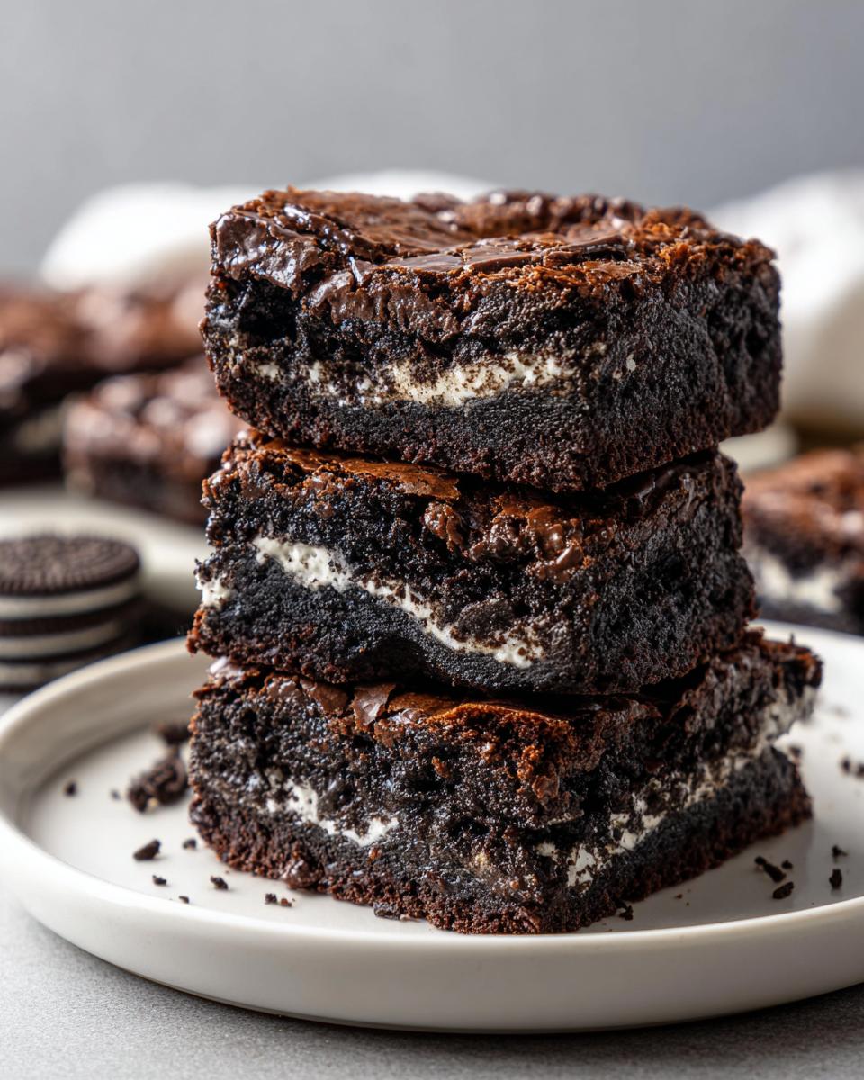 A stack of three fudgy Oreo brownies showing the white cream filling layer inside.