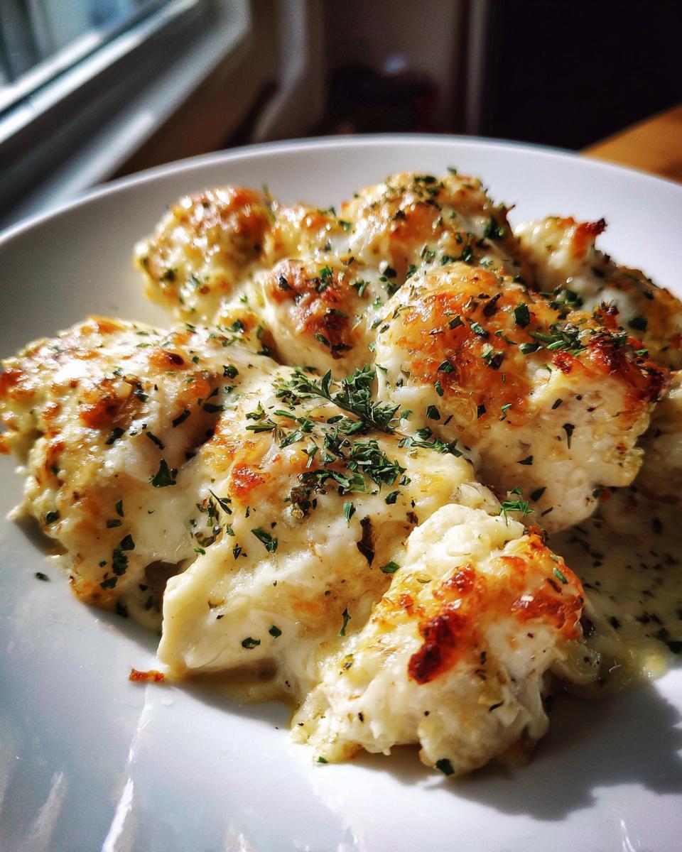 Close-up of baked chicken pieces smothered in creamy, cheesy sauce and topped with fresh parsley for Garlic parmesan chicken bake.