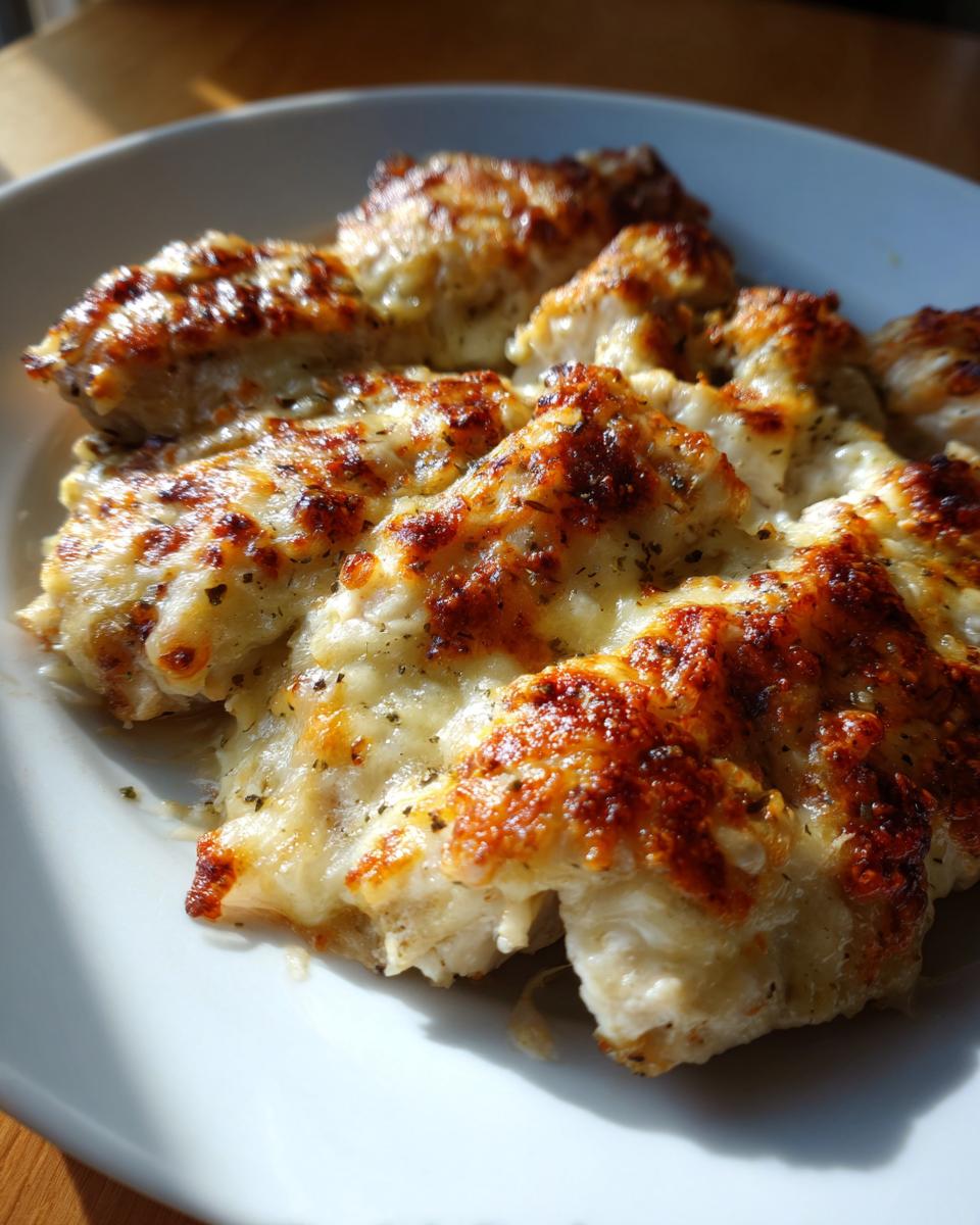 Close-up of baked chicken breasts topped with melted, browned garlic parmesan cheese, ready to eat.