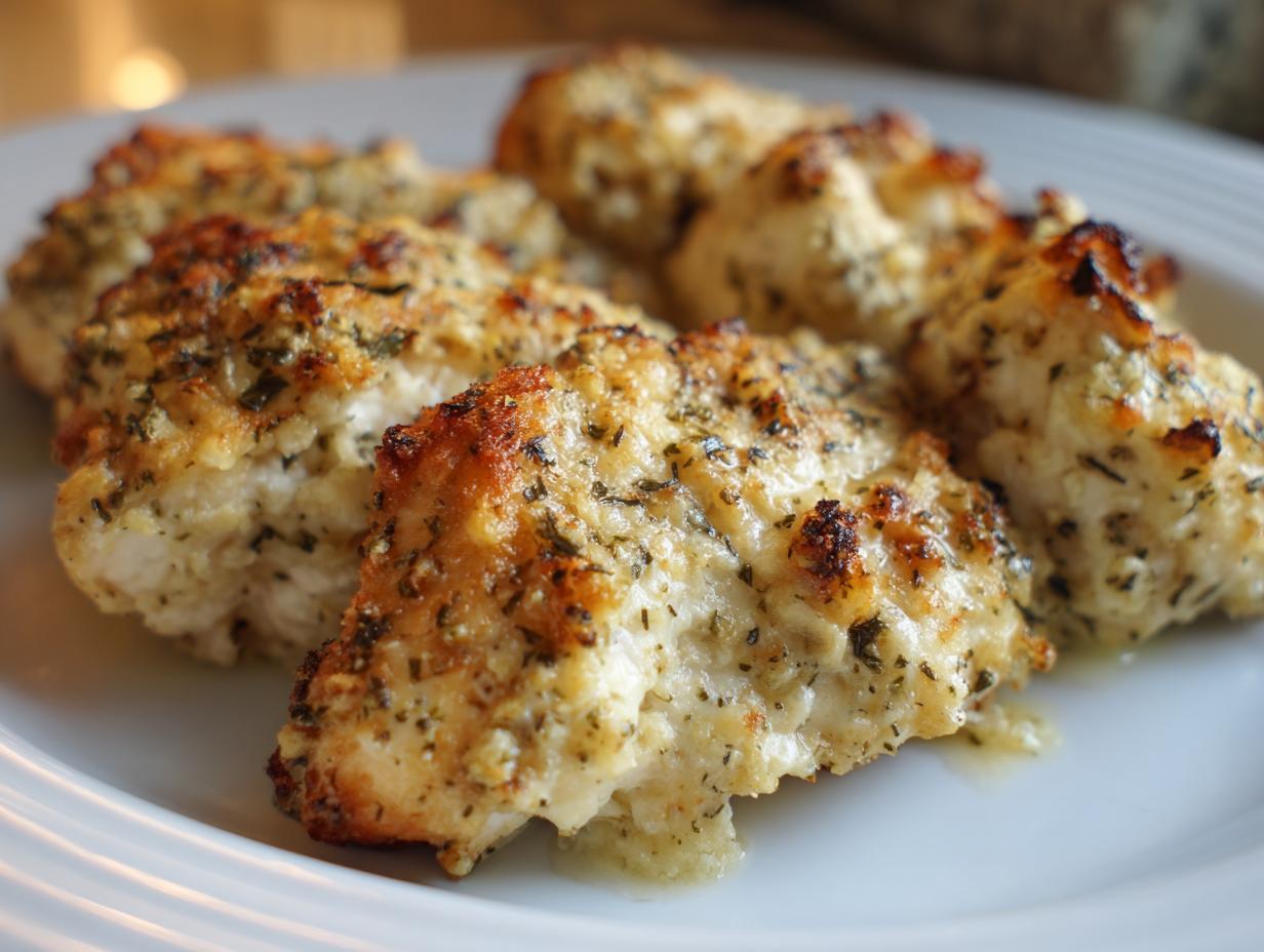 Close-up of several baked chicken pieces coated in a golden garlic parmesan crust, served on a white plate.