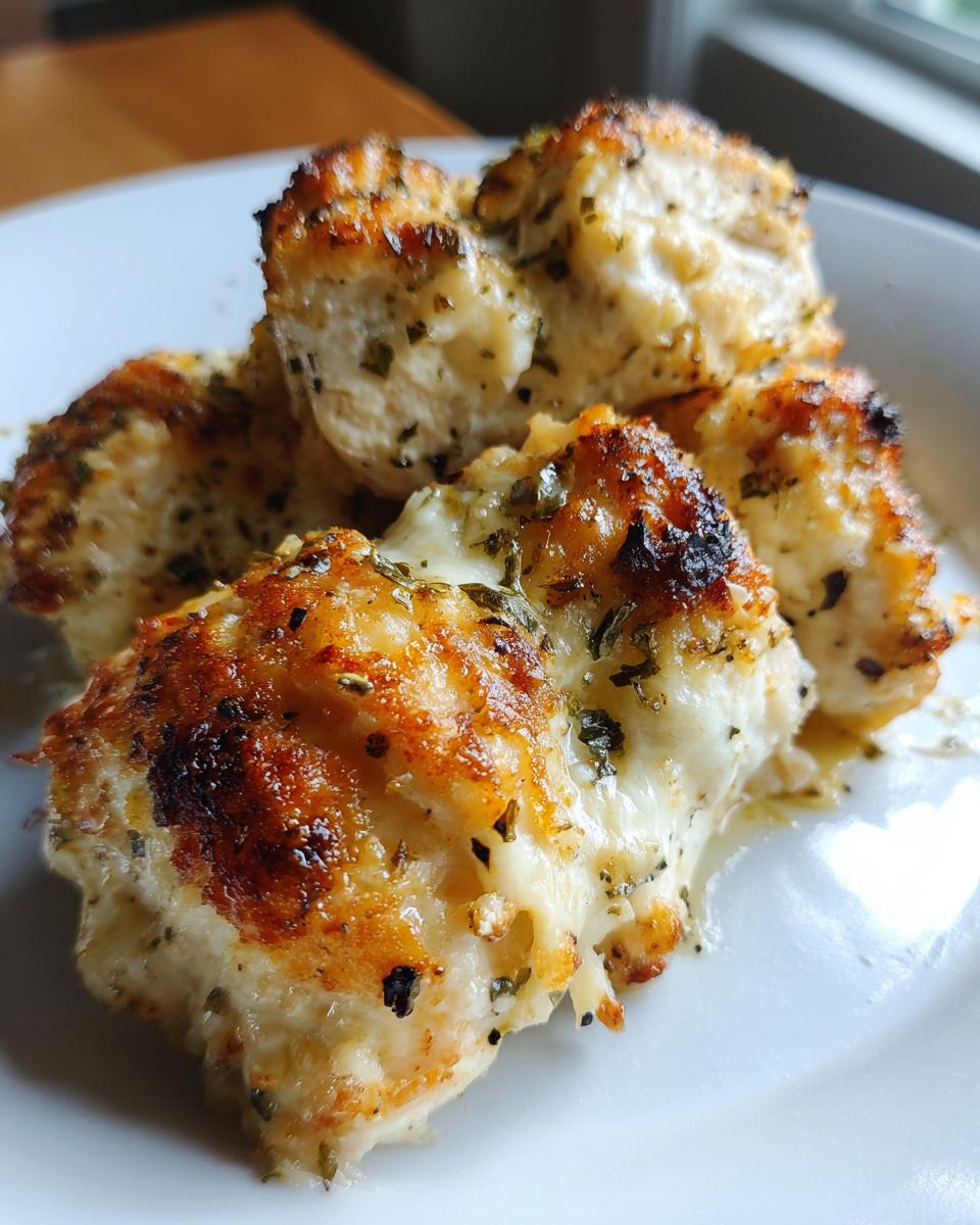 Close-up of baked chicken pieces covered in melted cheese and herbs from a Garlic parmesan chicken bake.