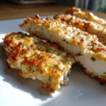 Slices of juicy Garlic parmesan chicken bake with a golden, cheesy, herb-topped crust, served on a white plate.