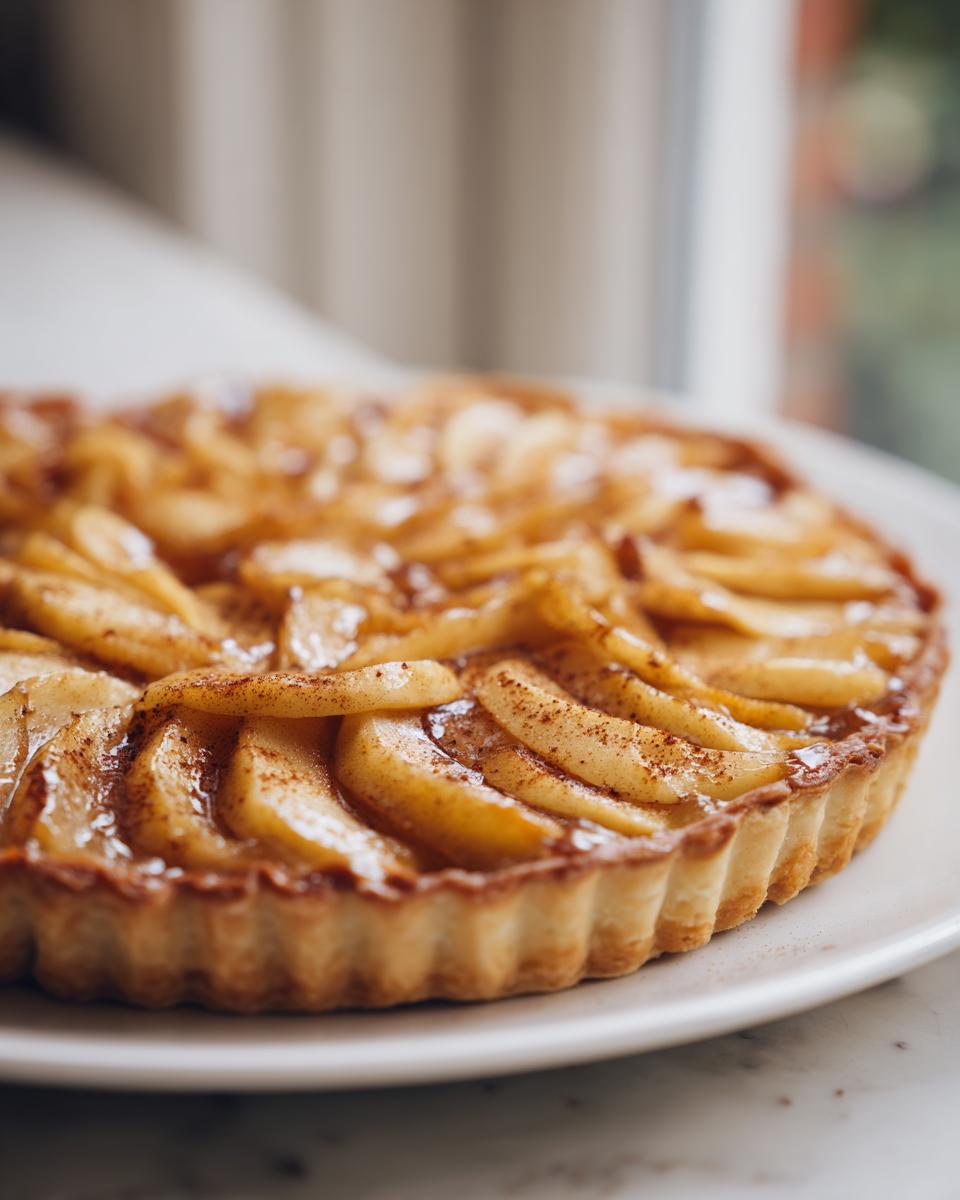 Close-up of a freshly baked apple tart with beautifully arranged, glazed apple slices and a sprinkle of cinnamon.