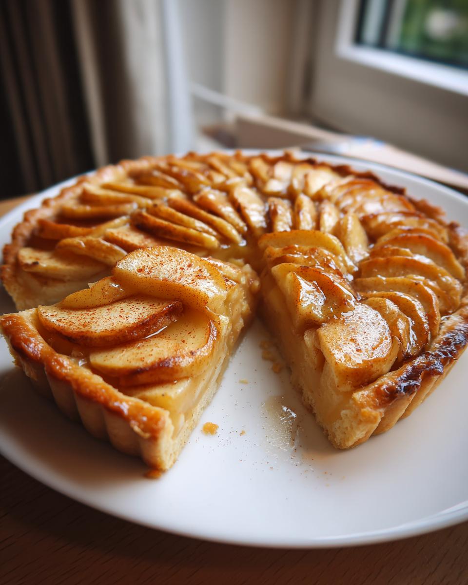 A beautiful, glazed apple tart with thinly sliced apples arranged on top, one slice cut out.