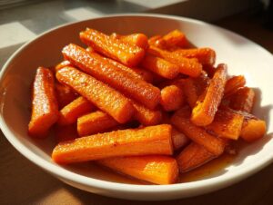 Close-up of glistening, glazed roasted carrots piled high in a white serving bowl.
