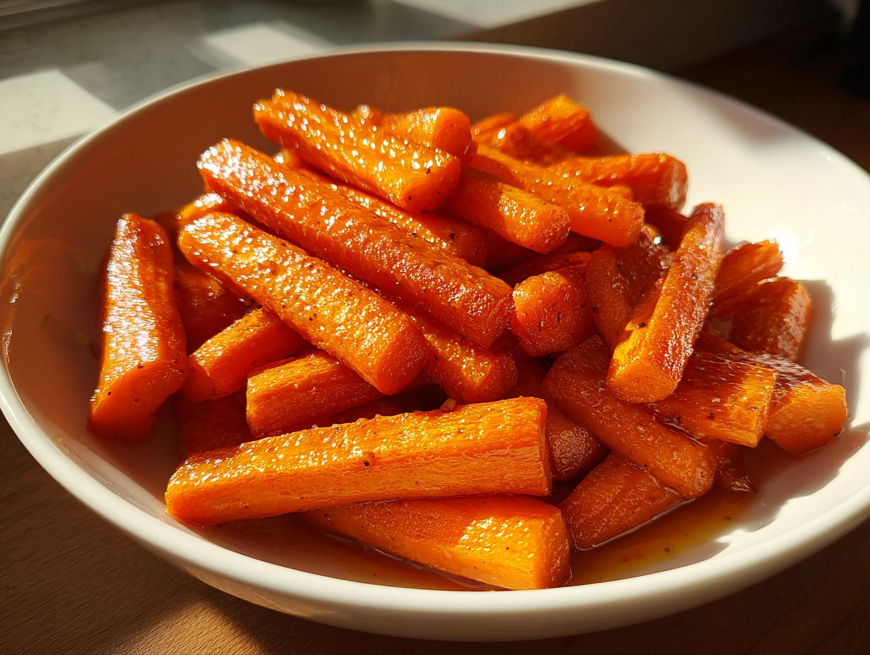 Close-up of glistening, glazed roasted carrots piled high in a white serving bowl.