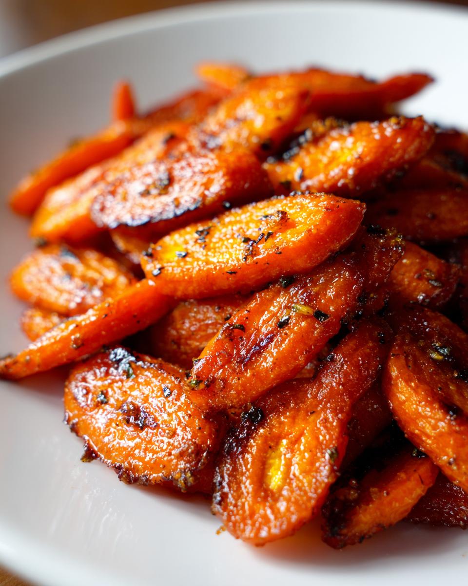 A close-up shot of perfectly caramelized and glazed roasted carrots seasoned with dark herbs.