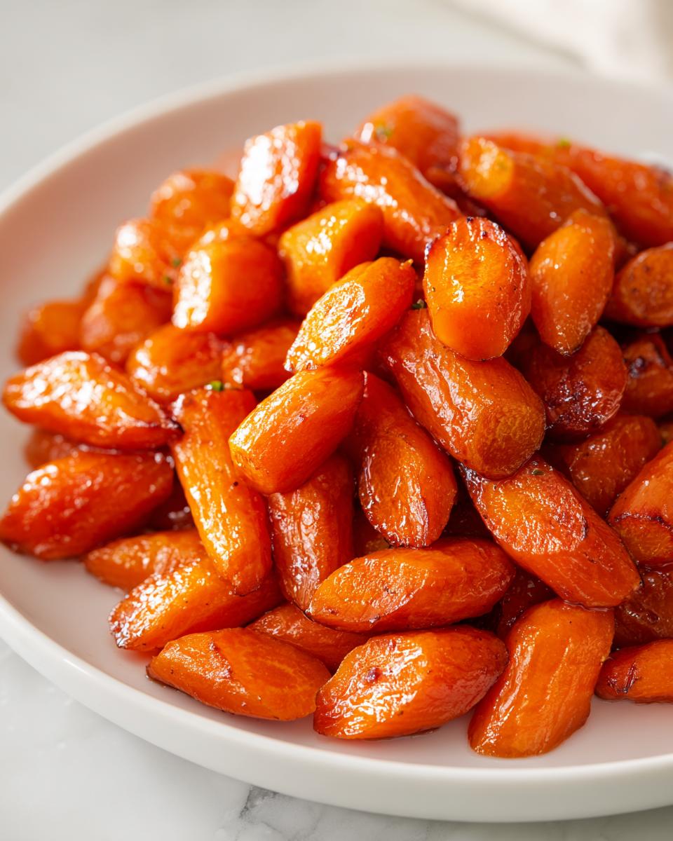 Close-up of shiny, glazed roasted carrots piled high on a white serving dish.