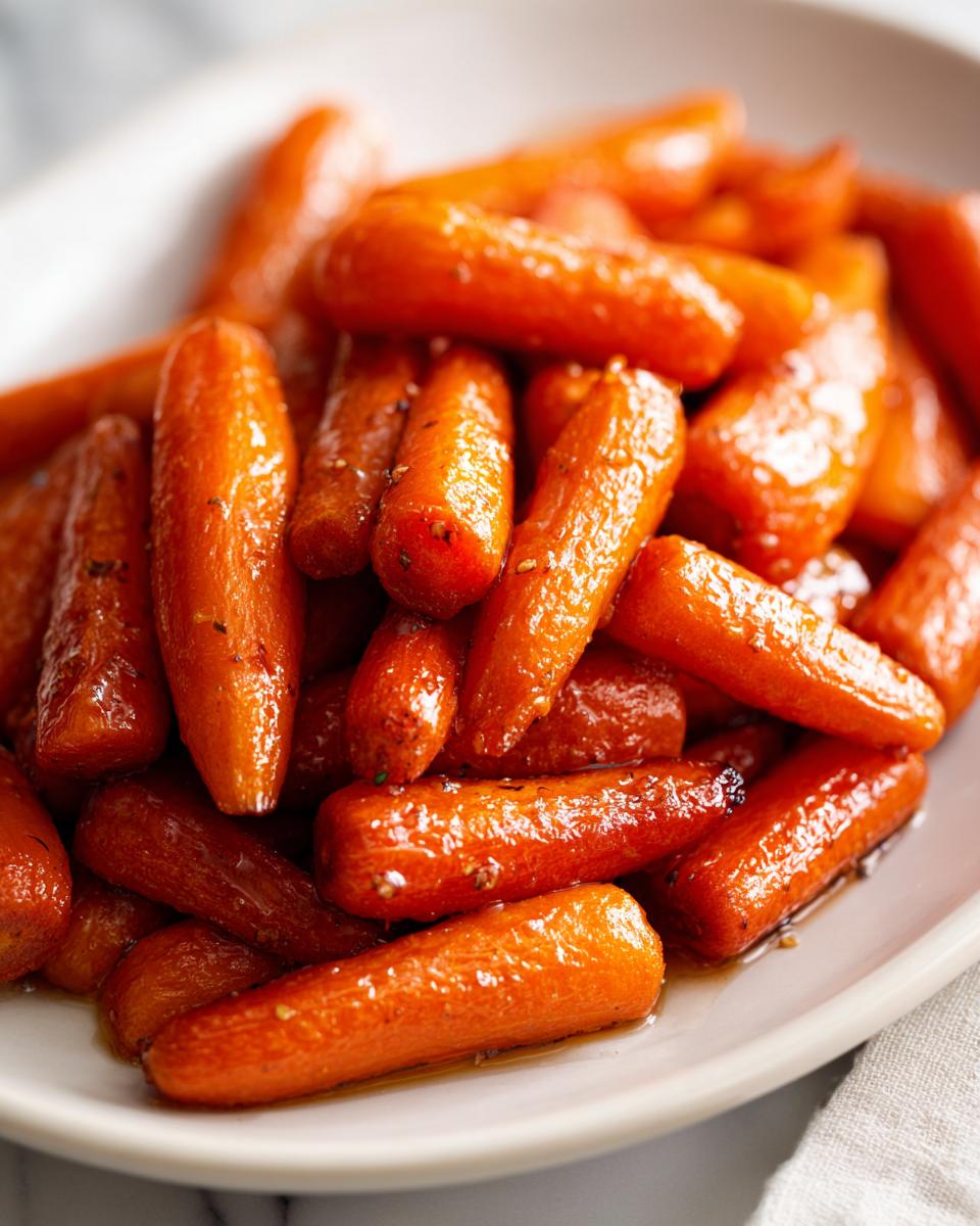 Close-up of sweet, glazed roasted carrots piled high on a white serving dish.