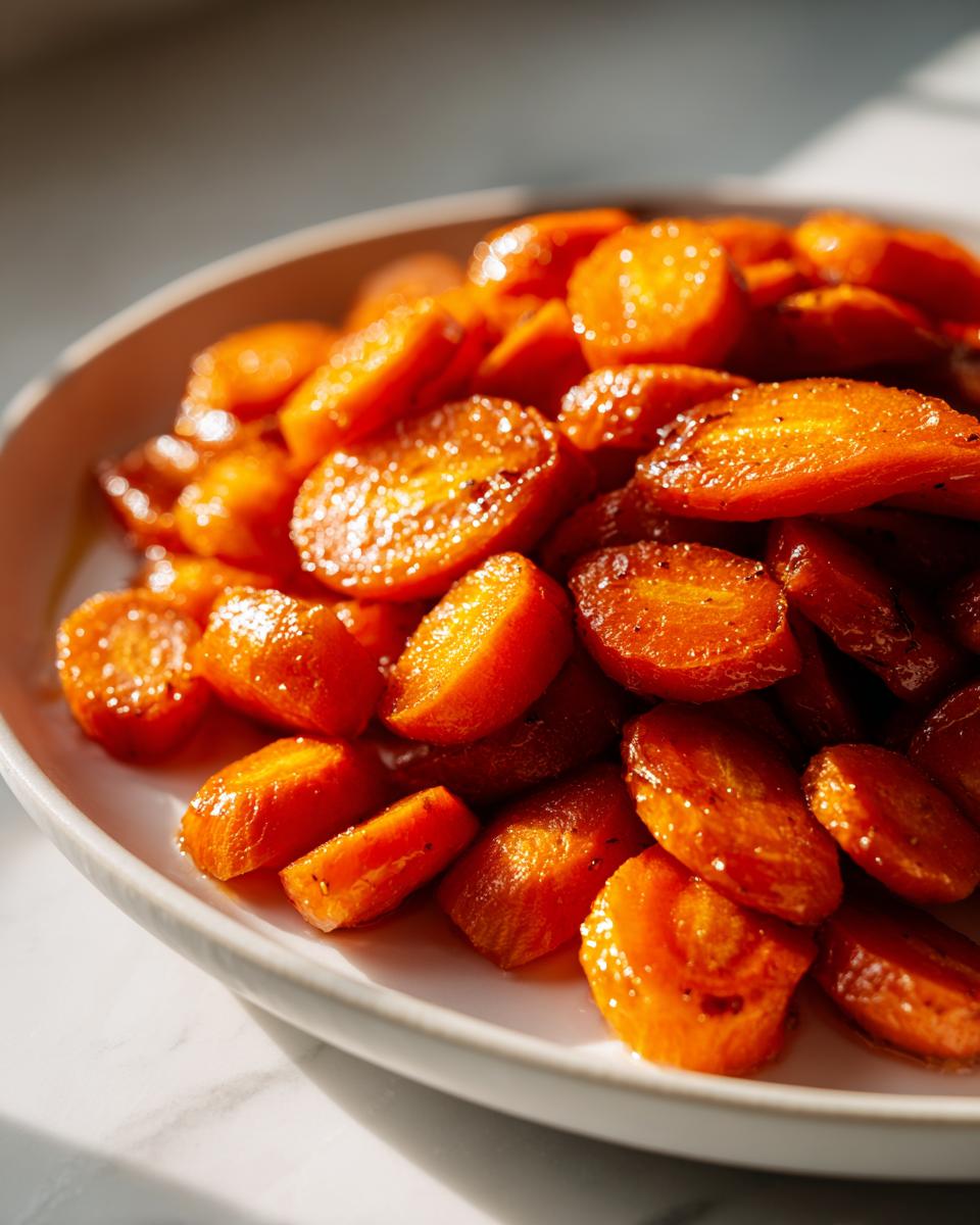 Close-up of glossy, caramelized roasted carrots slices piled high on a white plate.