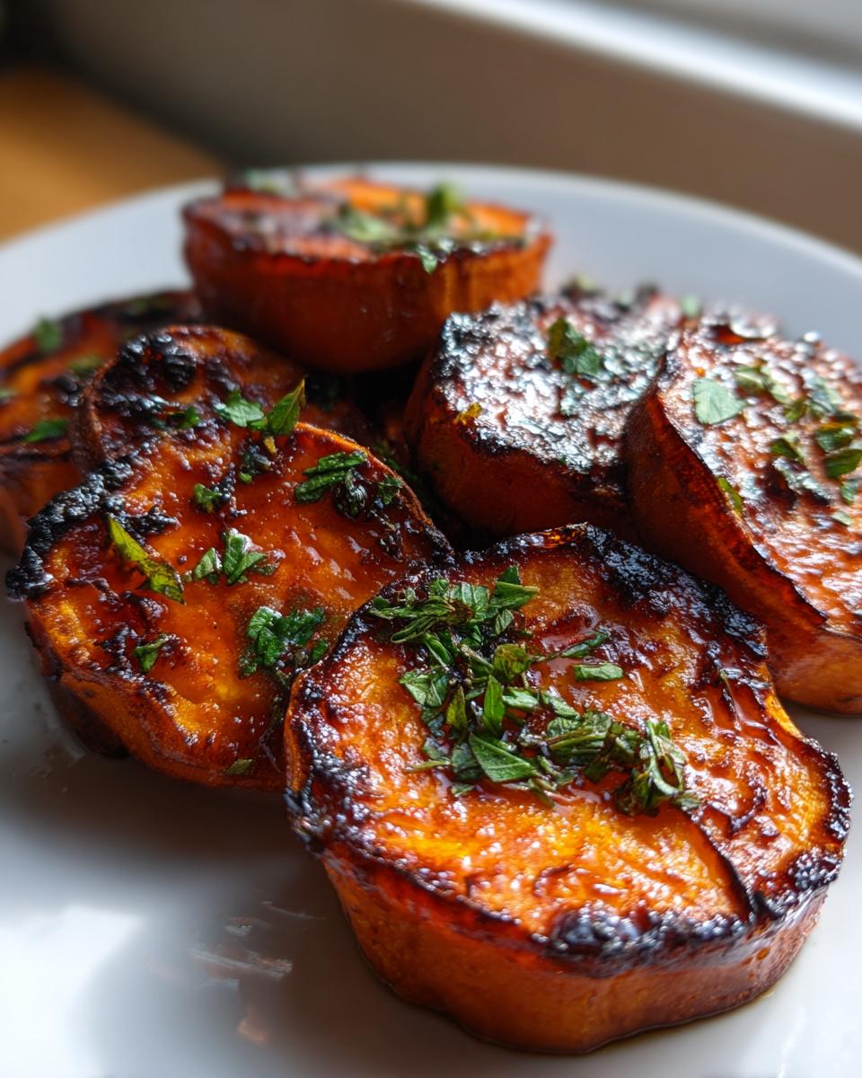 Close-up of caramelized and glazed sweet potatoes slices topped with fresh green herbs.