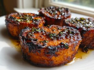 Close-up of thick, caramelized slices of sweet potatoes glazed with a dark syrup and topped with fresh herbs.