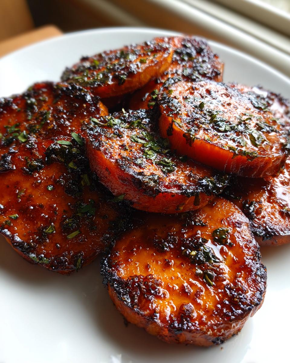 Close-up of caramelized, glazed sweet potatoes slices topped with herbs, ready to serve.