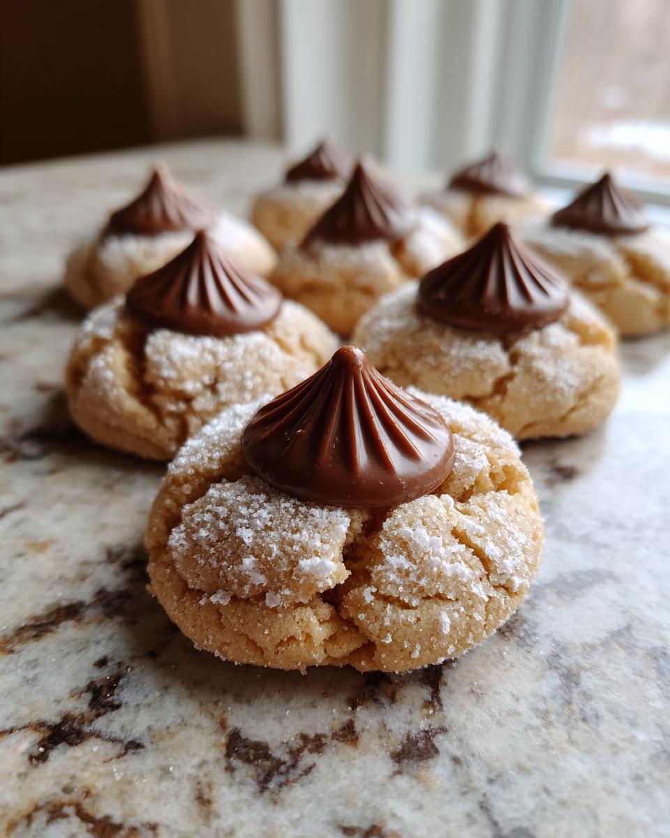 A close-up of several peanut butter kiss cookies, rolled in sugar and topped with a chocolate candy, sitting on a granite counter.