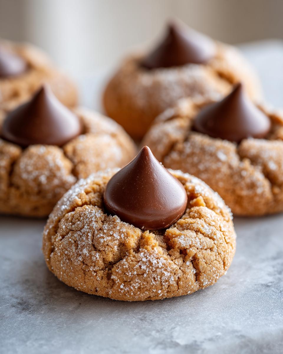 A close-up of a freshly baked peanut butter kiss cookie rolled in sugar, topped with a milk chocolate Hershey's Kiss.