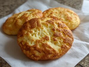 Three golden brown, fluffy rounds of cloud bread resting on a white paper towel.