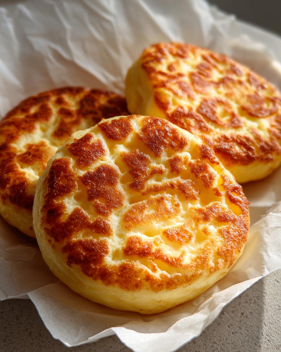 Three golden-brown, round portions of fluffy cloud bread with a mottled, seared top resting on parchment paper.