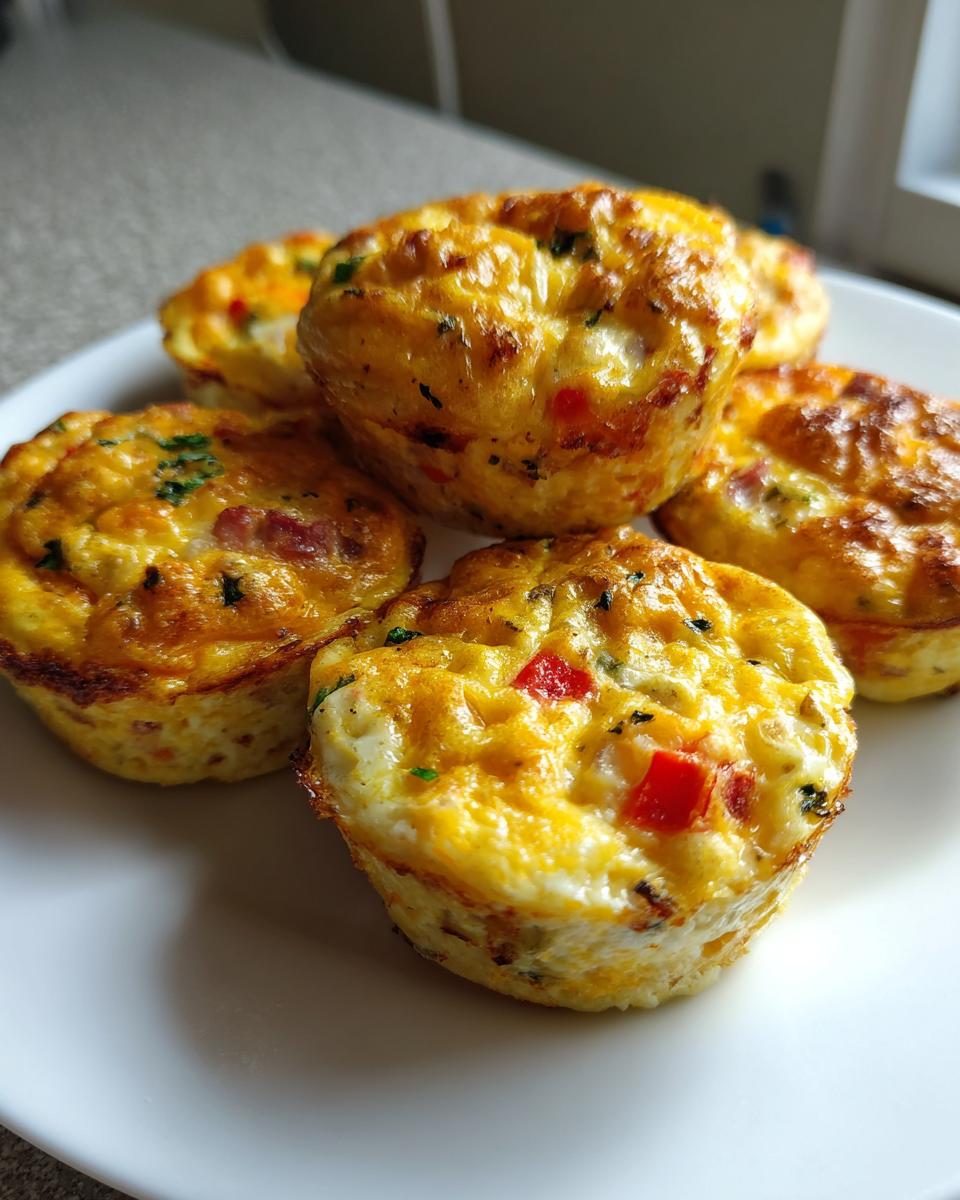 Close-up of several freshly baked Egg Muffin Cups with visible peppers and herbs on a white plate.