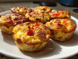 Close-up of several golden brown Egg Muffin Cups topped with diced red peppers on a white plate.