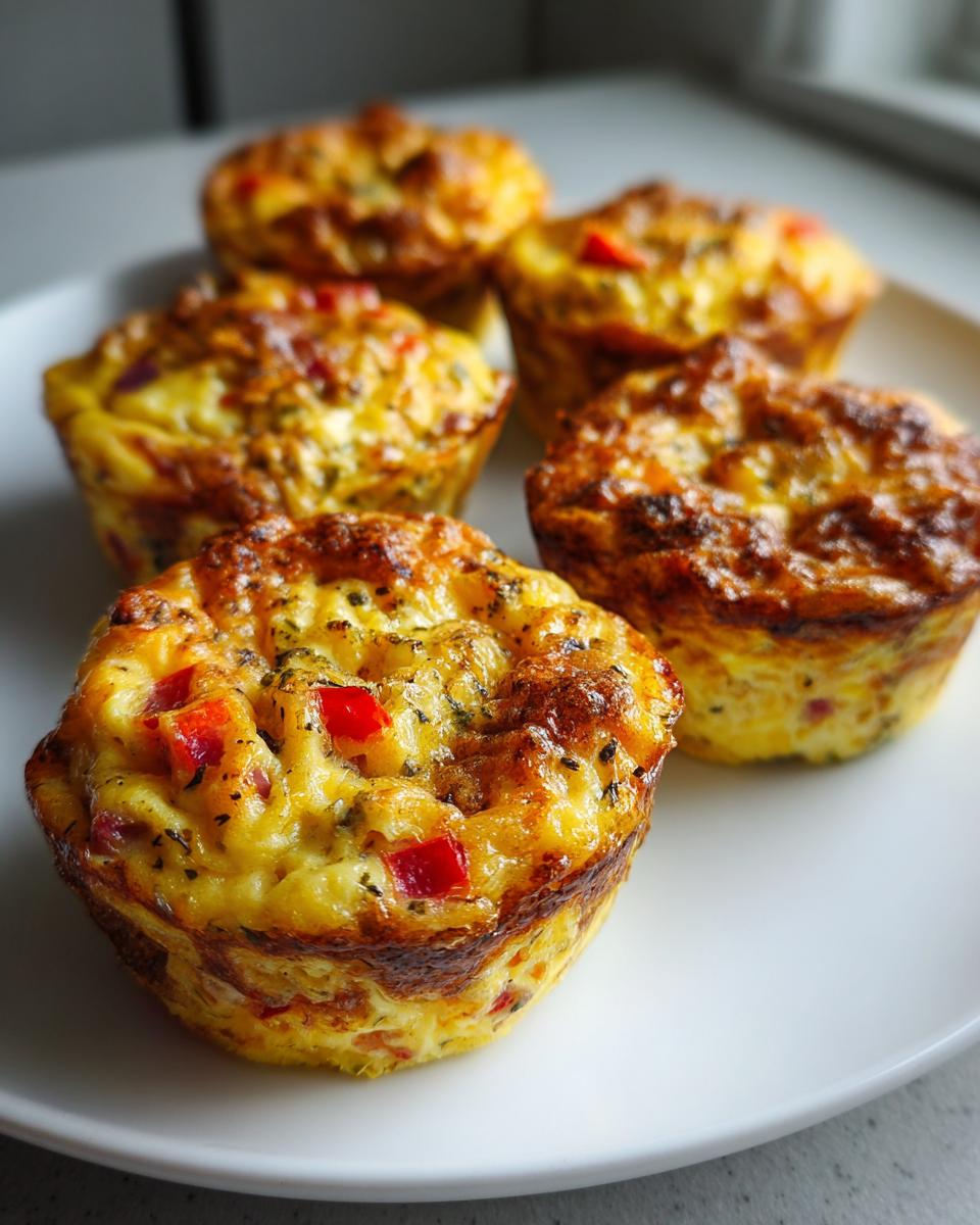 Close-up of several golden brown Egg Muffin Cups studded with red peppers and herbs on a white plate.