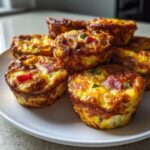 A close-up of several golden brown Egg Muffin Cups piled on a white plate, showing visible chunks of peppers and ham.