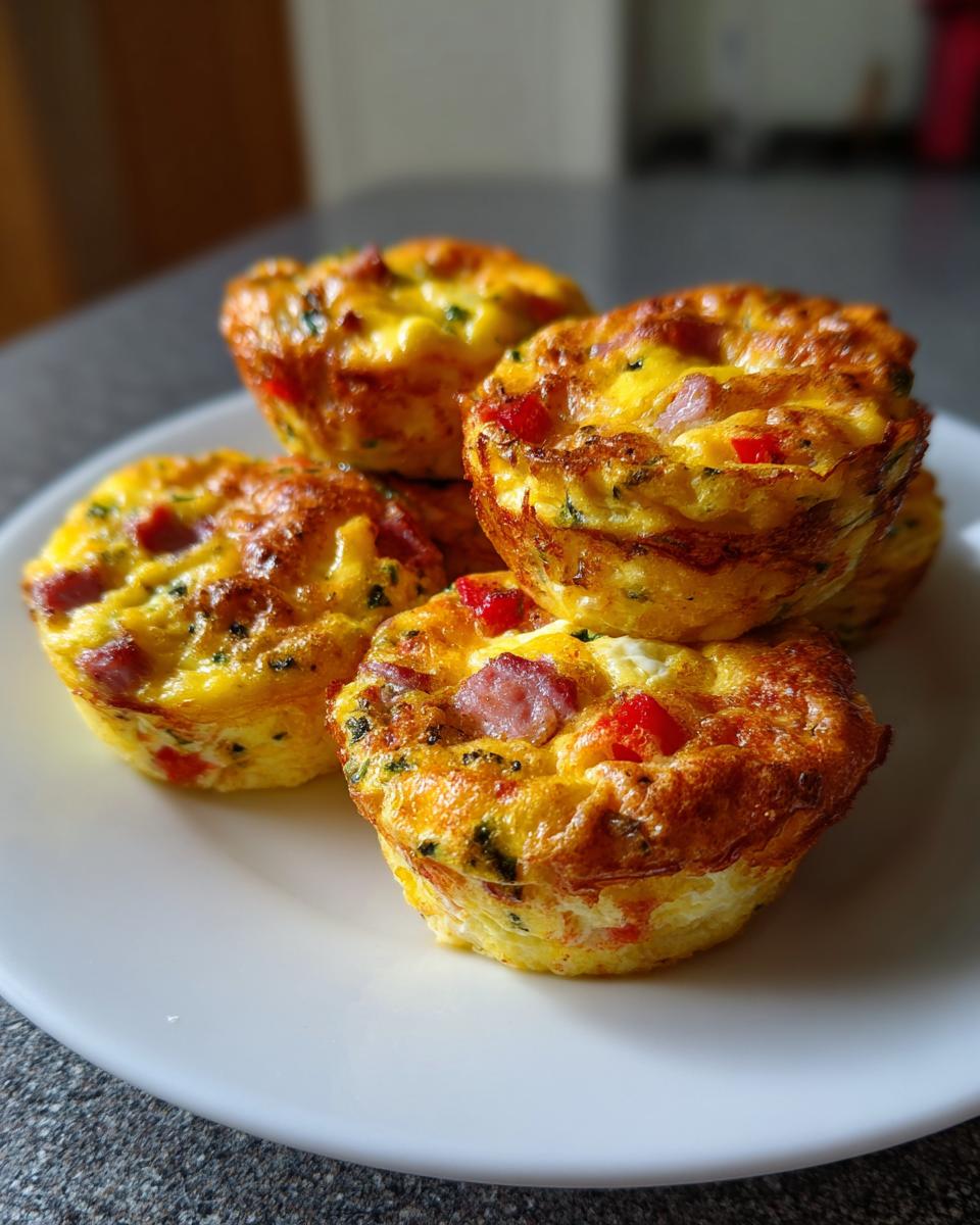 A stack of five golden brown Egg Muffin Cups filled with bits of ham and red pepper on a white plate.