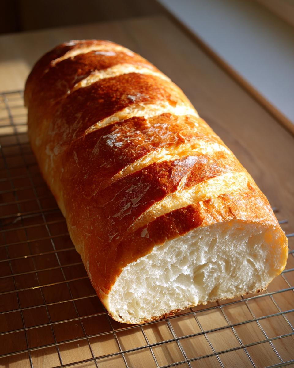A freshly baked loaf of homemade french bread with a golden, scored crust resting on a wire cooling rack.