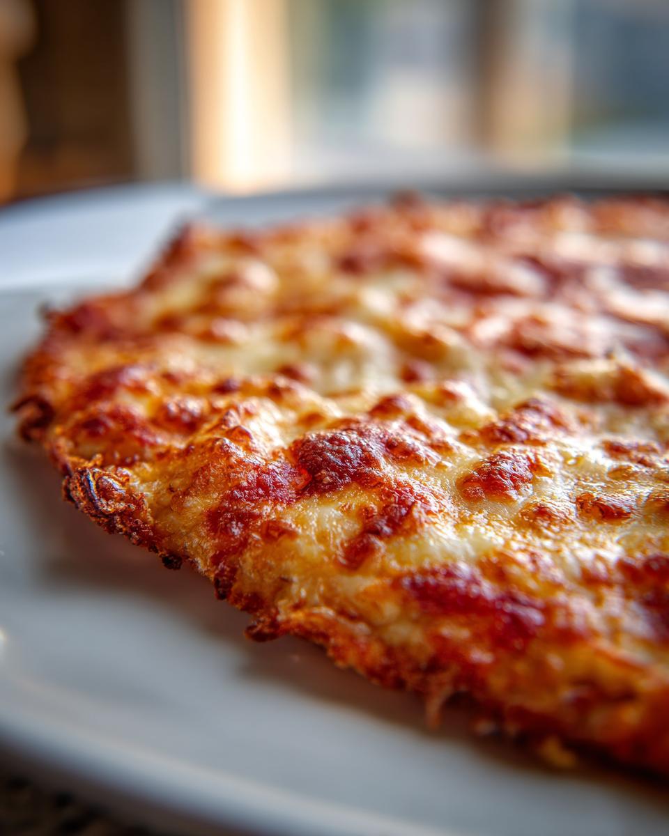 Close-up of a bubbly, golden-brown keto pizza crust topped with melted mozzarella cheese.