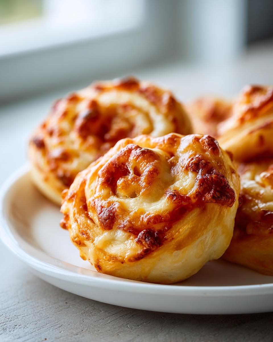 Close-up of several golden brown pizza pinwheels with melted, slightly browned cheese on a white plate.