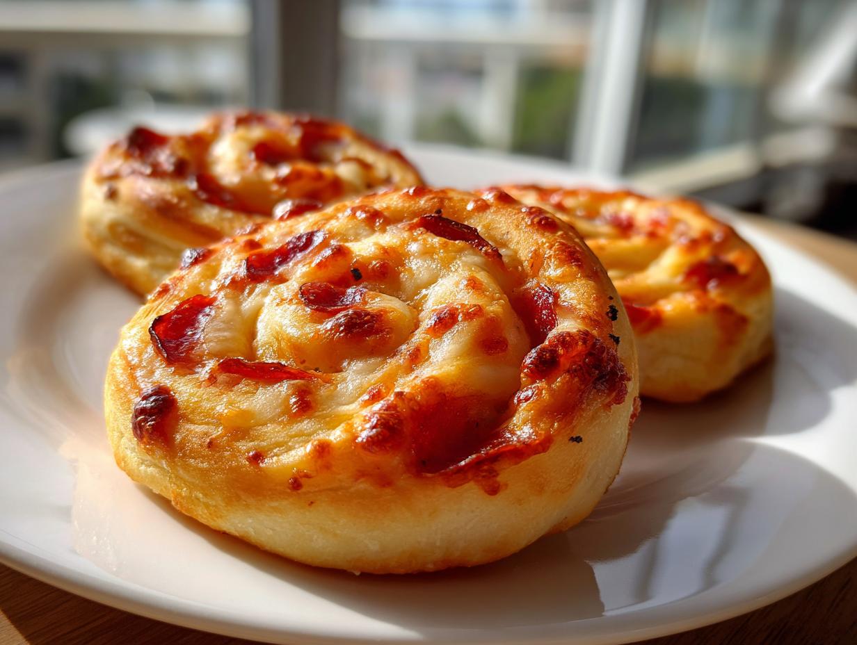 Close-up of three freshly baked pizza pinwheels with melted cheese and pepperoni, sitting on a white plate.