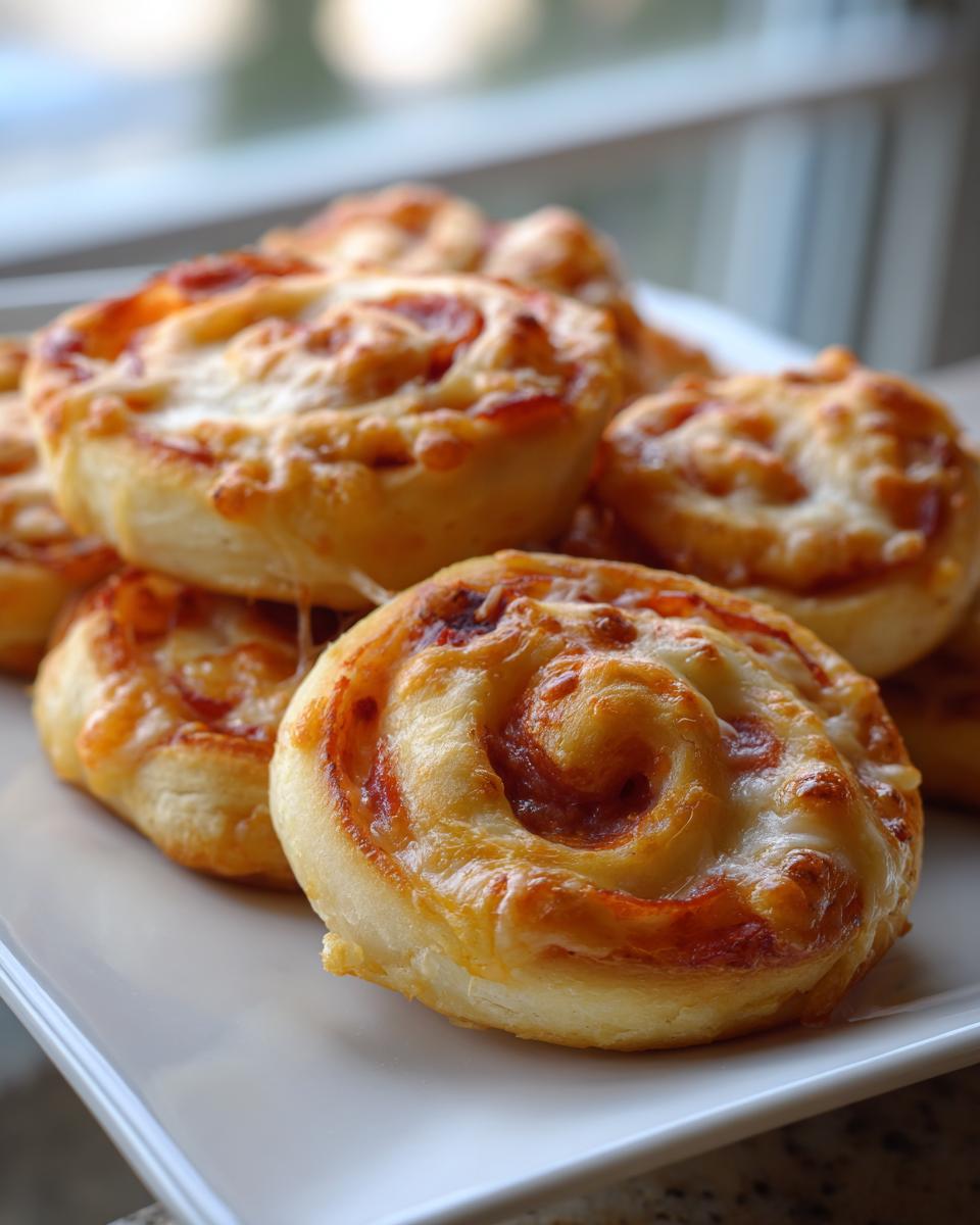 Close-up of several golden brown pizza pinwheels stacked on a white plate, showing melted cheese.