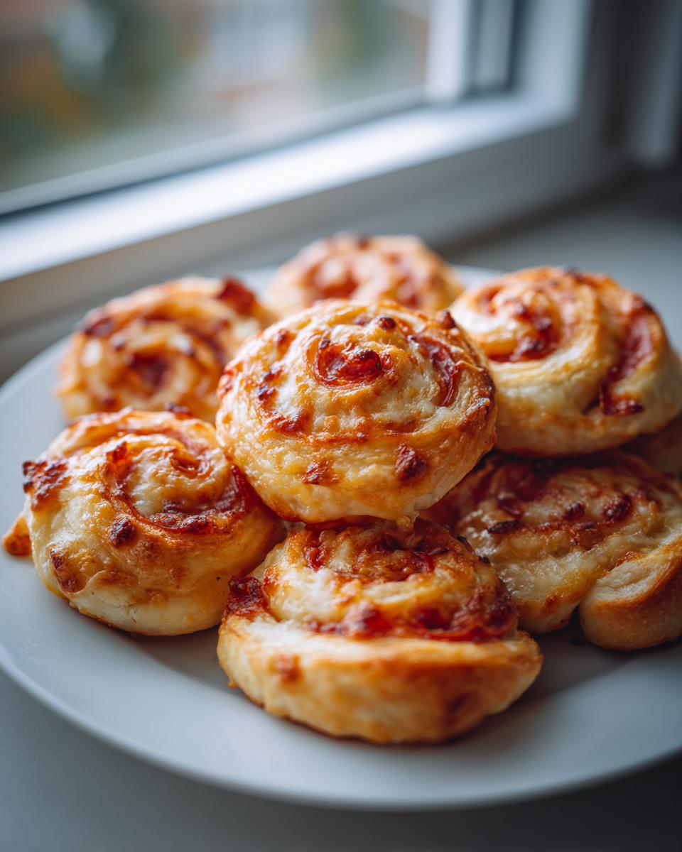A close-up stack of freshly baked, golden brown pizza pinwheels with melted cheese and sauce swirls.