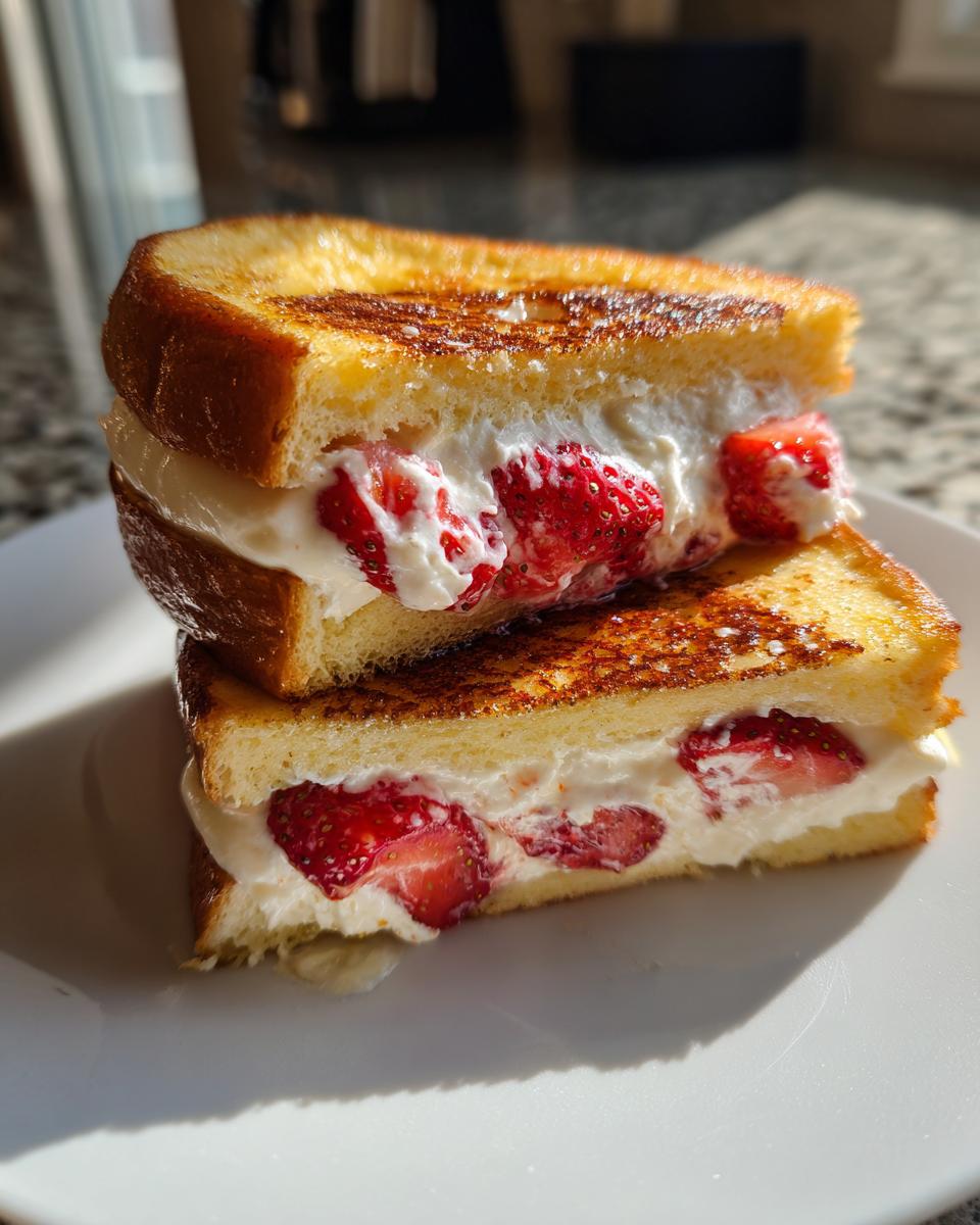 Two halves of golden brown stuffed french toast stacked, oozing with cream cheese filling and fresh strawberry slices.