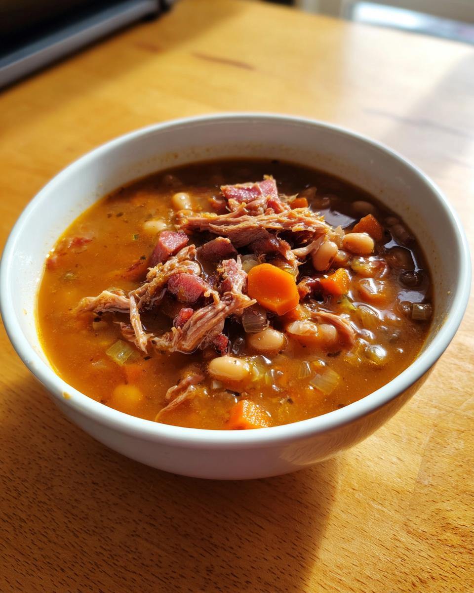 A close-up of a white bowl filled with rich Ham and Bean Soup, topped with shredded ham and visible carrots.