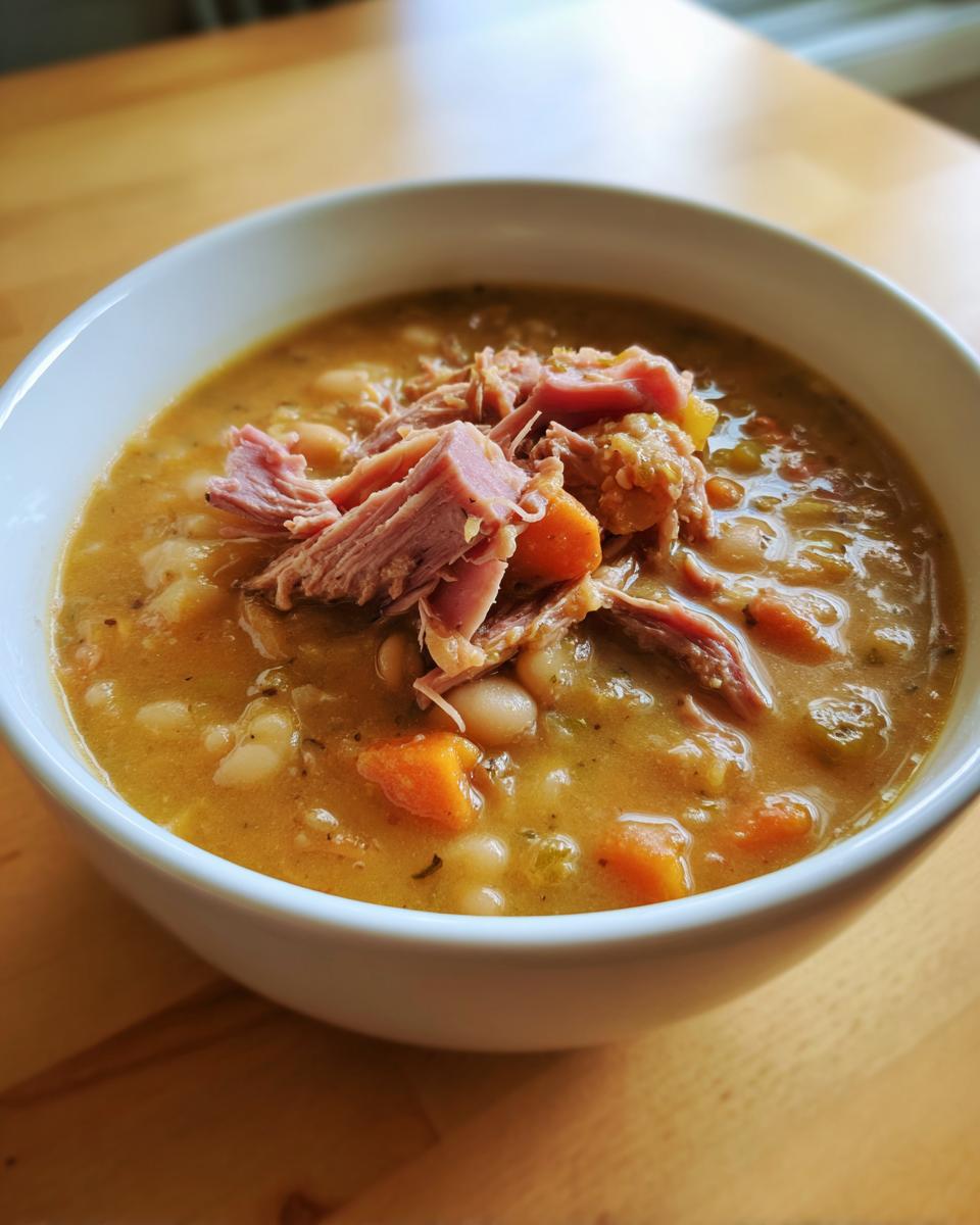 A close-up of a white bowl filled with thick, savory Ham and bean soup topped with shredded ham pieces and carrots.