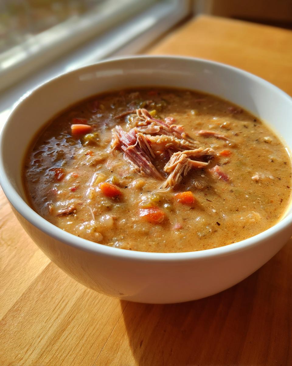A close-up of a white bowl filled with thick, creamy Ham and Bean Soup topped with shredded ham.