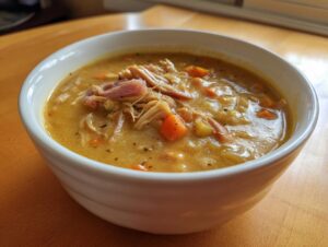 A close-up of a white bowl filled with thick, creamy Ham and bean soup, topped with shredded ham and diced carrots.