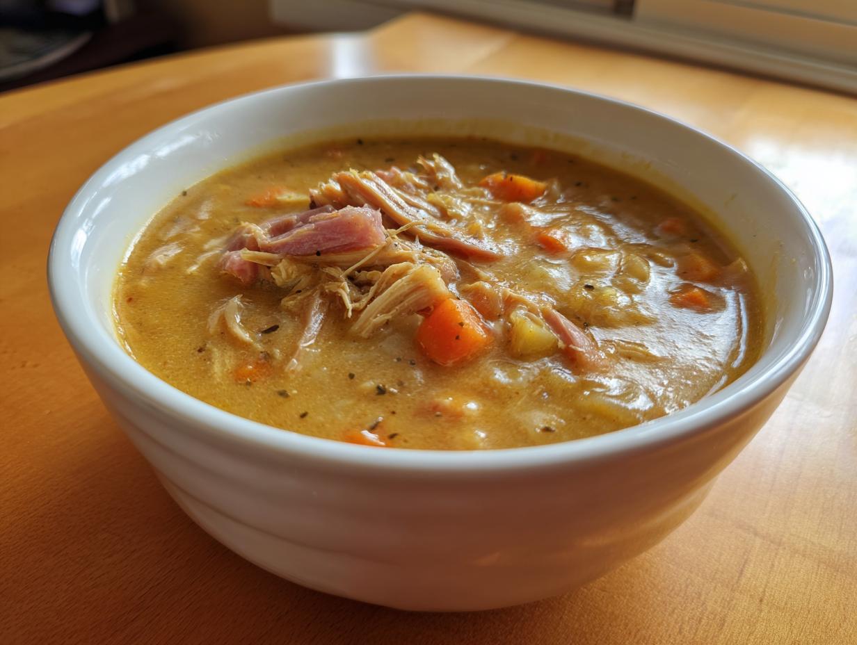A close-up of a white bowl filled with thick, creamy Ham and bean soup, topped with shredded ham and diced carrots.